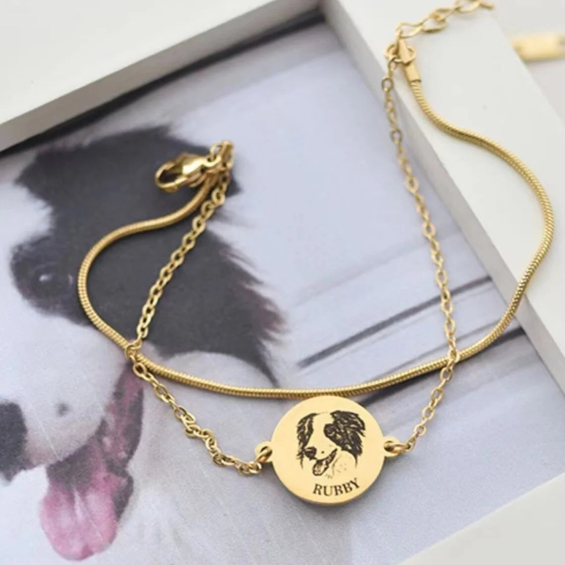 Personalized bracelet with pet portrait Personalized double chain bracelet with round pendant